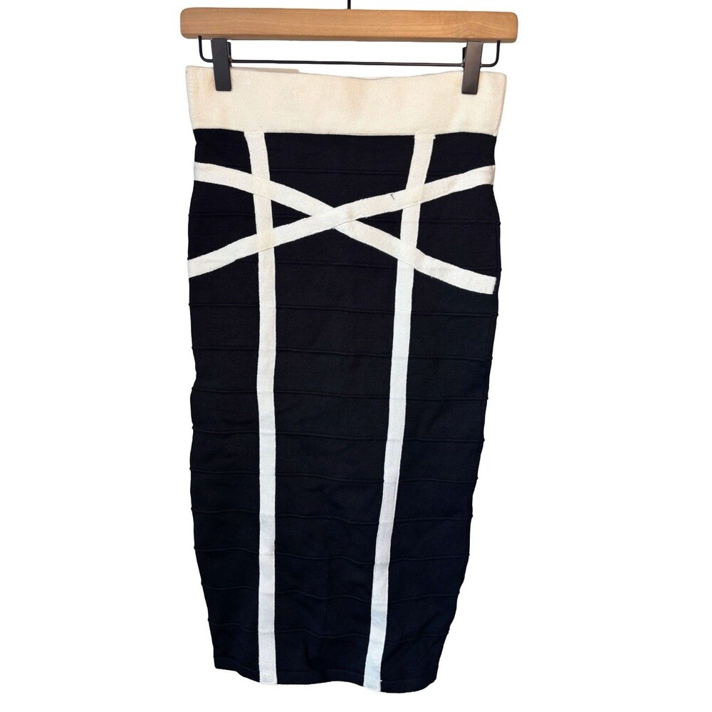 Sparkle & Fade Black White Bandage Pencil Skirt Medium Knee Length Minimalist